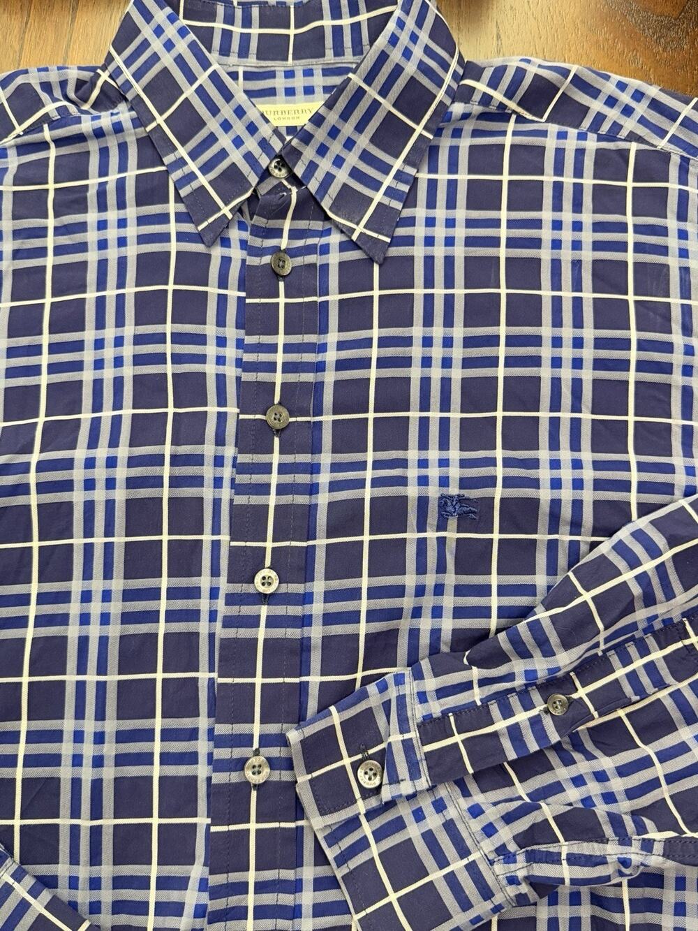 Burberry London Button Down Dress Shirt Mens Size L Large Blue Plaid Designer